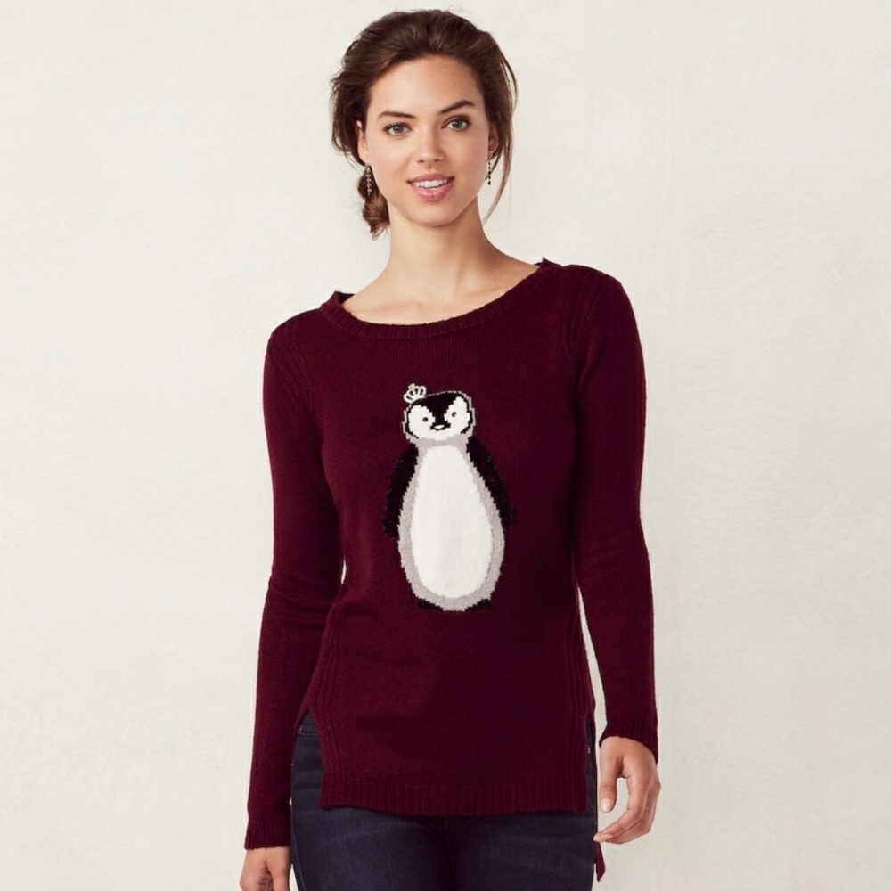 LC Lauren Conrad • crowned penguin burgundy sweater, L